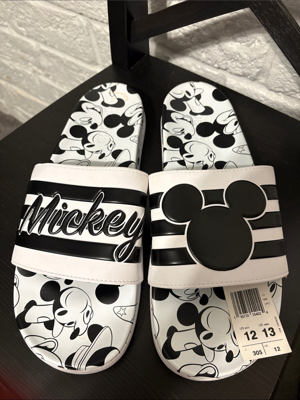 NWT Adidas Adilette Disney Black White Mickey Graphic Slide Sandals Men 12 Wo 13